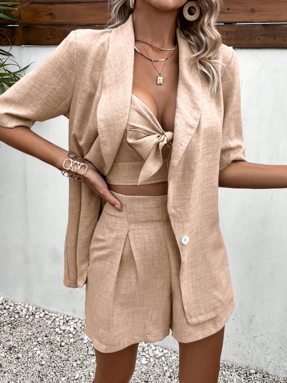 Tan Women's Shawl Collar Blazer & Fold Pleated Shorts & Cami Top